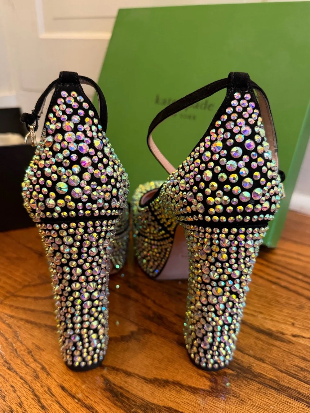 kate spade Gia Pave Black Crystal Platform Block Heel Pumps